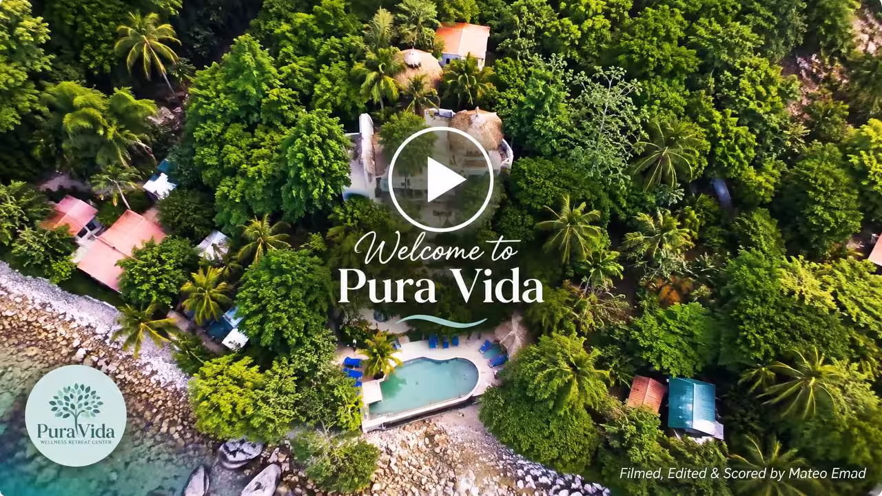 Aerial view of Pura Vida Wellness Retreat Center in Yelapa with film credit for Mateo Emad